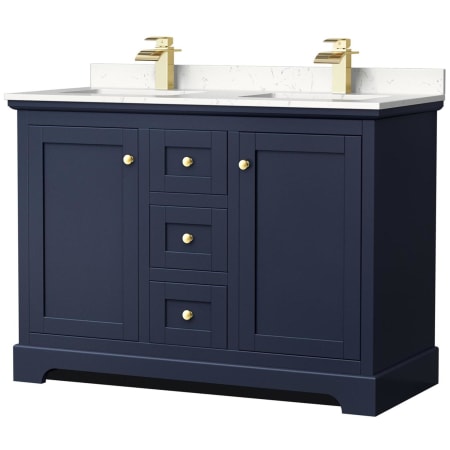 A large image of the Wyndham Collection WCV232348D-VCA-MXX Dark Blue / Carrara Cultured Marble Top / Brushed Gold Hardware