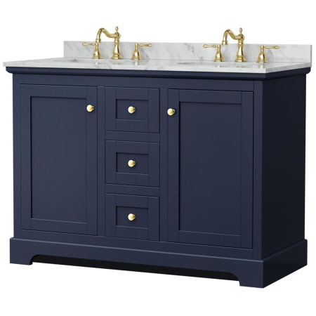A large image of the Wyndham Collection WCV232348DCMUNOMXX Dark Blue / White Carrara Marble Top / Brushed Gold Hardware