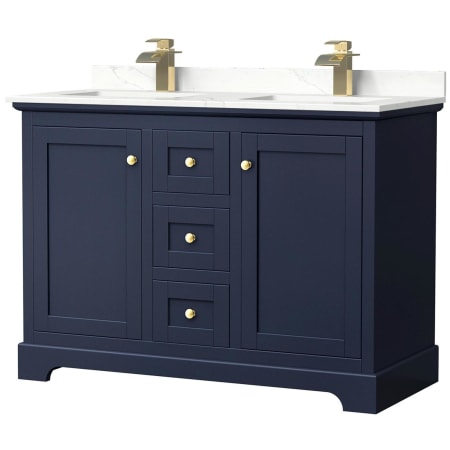 A large image of the Wyndham Collection WCV232348D-QTZ-UNSMXX Dark Blue / Giotto Quartz Top / Brushed Gold Hardware