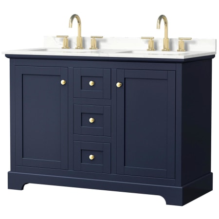 A large image of the Wyndham Collection WCV232348D-QTZ-US3MXX Dark Blue / Giotto Quartz Top / Brushed Gold Hardware