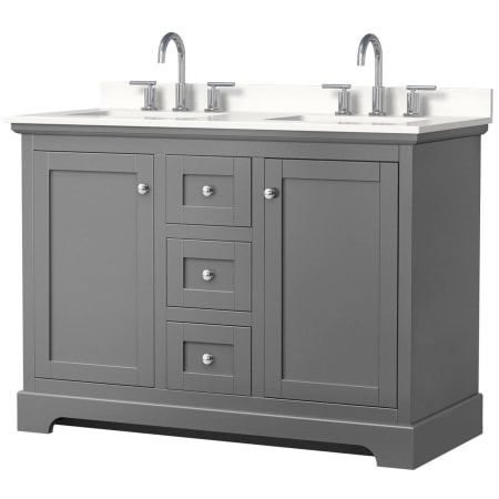 A large image of the Wyndham Collection WCV232348D-QTZ-US3MXX Dark Gray / White Quartz Top / Polished Chrome Hardware