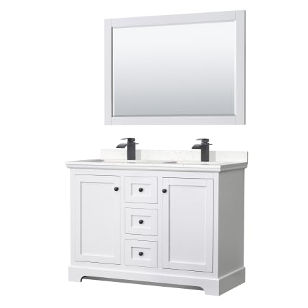 A large image of the Wyndham Collection WCV232348D-VCA-M46 White / Carrara Cultured Marble Top / Matte Black Hardware