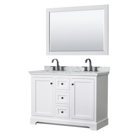 A large image of the Wyndham Collection WCV232348DCMUNOM46 White / White Carrara Marble Top / Matte Black Hardware