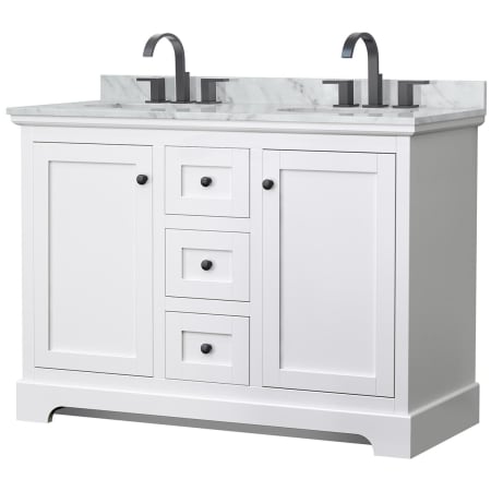 A large image of the Wyndham Collection WCV232348DCMUNOMXX White / White Carrara Marble Top / Matte Black Hardware