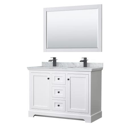 A large image of the Wyndham Collection WCV232348DCMUNSM46 White / White Carrara Marble Top / Matte Black Hardware