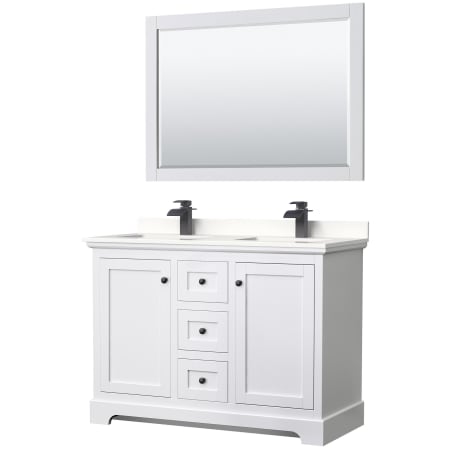 A large image of the Wyndham Collection WCV232348D-QTZ-UNSM46 White / White Quartz Top / Matte Black Hardware