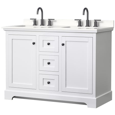 A large image of the Wyndham Collection WCV232348D-QTZ-US3MXX White / White Quartz Top / Matte Black Hardware