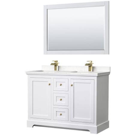 A large image of the Wyndham Collection WCV232348D-VCA-M46 White / Carrara Cultured Marble Top / Brushed Gold Hardware