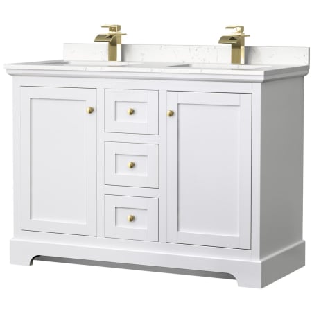 A large image of the Wyndham Collection WCV232348D-VCA-MXX White / Carrara Cultured Marble Top / Brushed Gold Hardware