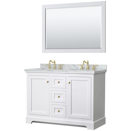 A large image of the Wyndham Collection WCV232348DCMUNOM46 White / White Carrara Marble Top / Brushed Gold Hardware