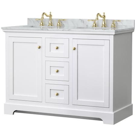 A large image of the Wyndham Collection WCV232348DCMUNOMXX White / White Carrara Marble Top / Brushed Gold Hardware