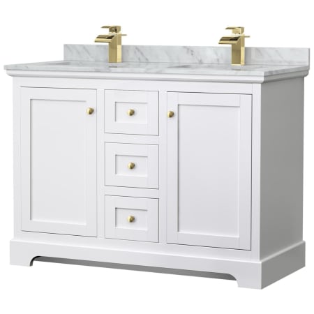 A large image of the Wyndham Collection WCV232348DCMUNSMXX White / White Carrara Marble Top / Brushed Gold Hardware