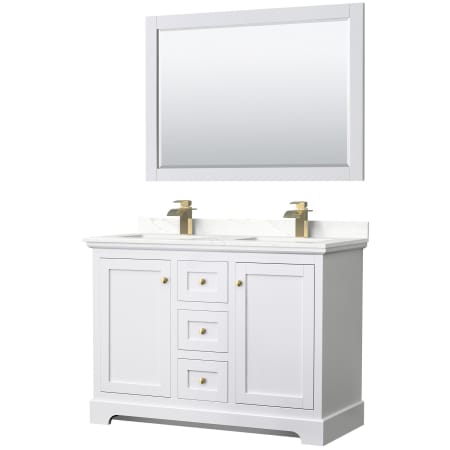 A large image of the Wyndham Collection WCV232348D-QTZ-UNSM46 White / Giotto Quartz Top / Brushed Gold Hardware