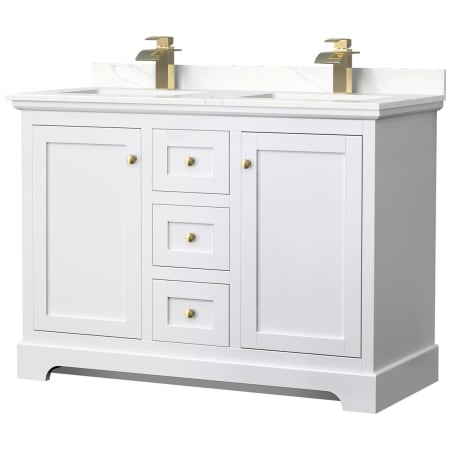 A large image of the Wyndham Collection WCV232348D-QTZ-UNSMXX White / Giotto Quartz Top / Brushed Gold Hardware