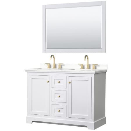 A large image of the Wyndham Collection WCV232348D-QTZ-US3M46 White / Giotto Quartz Top / Brushed Gold Hardware