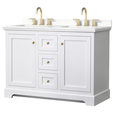 A large image of the Wyndham Collection WCV232348D-QTZ-US3MXX White / Giotto Quartz Top / Brushed Gold Hardware