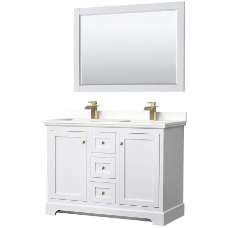 A large image of the Wyndham Collection WCV232348D-QTZ-UNSM46 White / White Quartz Top / Brushed Gold Hardware