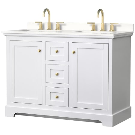 A large image of the Wyndham Collection WCV232348D-QTZ-US3MXX White / White Quartz Top / Brushed Gold Hardware