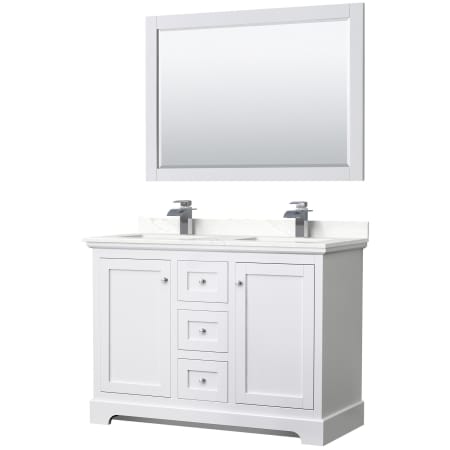 A large image of the Wyndham Collection WCV232348D-QTZ-UNSM46 White / Giotto Quartz Top / Polished Chrome Hardware