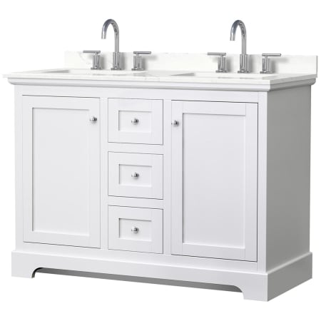 A large image of the Wyndham Collection WCV232348D-QTZ-US3MXX White / Giotto Quartz Top / Polished Chrome Hardware