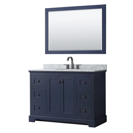 A large image of the Wyndham Collection WCV232348SCMUNOM46 Dark Blue / White Carrara Marble Top / Matte Black Hardware