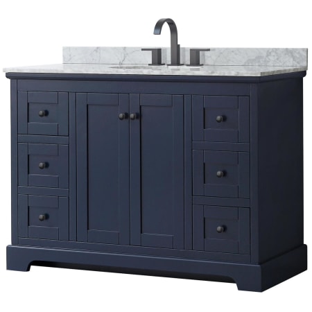 A large image of the Wyndham Collection WCV232348SCMUNOMXX Dark Blue / White Carrara Marble Top / Matte Black Hardware