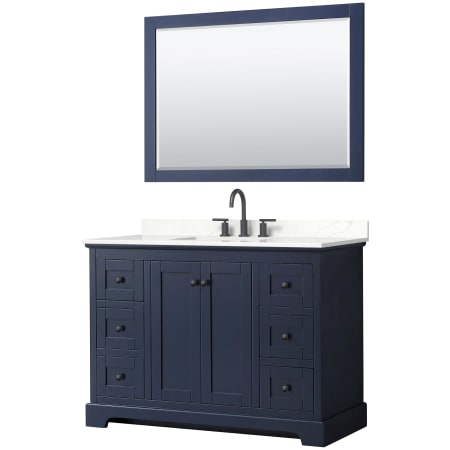 A large image of the Wyndham Collection WCV232348S-QTZ-US3M46 Dark Blue / Giotto Quartz Top / Matte Black Hardware