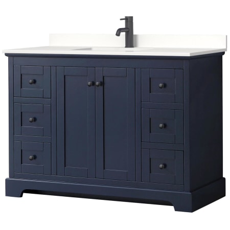 A large image of the Wyndham Collection WCV232348S-QTZ-UNSMXX Dark Blue / White Quartz Top / Matte Black Hardware