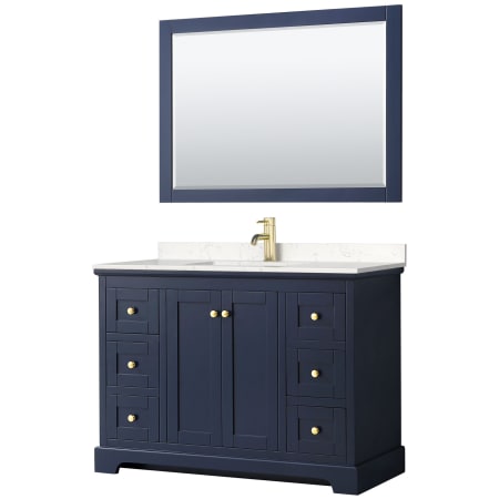 A large image of the Wyndham Collection WCV232348S-VCA-M46 Dark Blue / Carrara Cultured Marble Top / Brushed Gold Hardware