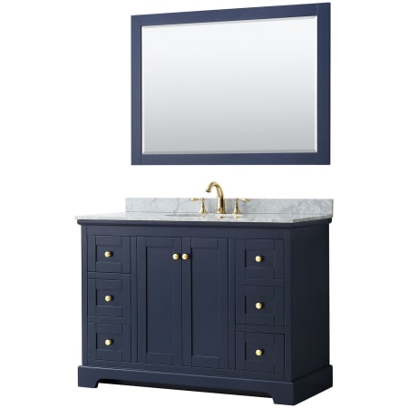 A large image of the Wyndham Collection WCV232348SCMUNOM46 Dark Blue / White Carrara Marble Top / Brushed Gold Hardware