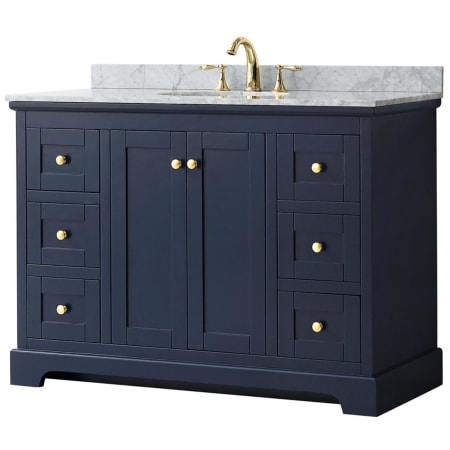 A large image of the Wyndham Collection WCV232348SCMUNOMXX Dark Blue / White Carrara Marble Top / Brushed Gold Hardware