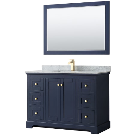 A large image of the Wyndham Collection WCV232348SCMUNSM46 Dark Blue / White Carrara Marble Top / Brushed Gold Hardware