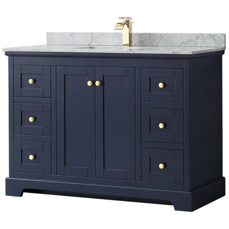 A large image of the Wyndham Collection WCV232348SCMUNSMXX Dark Blue / White Carrara Marble Top / Brushed Gold Hardware