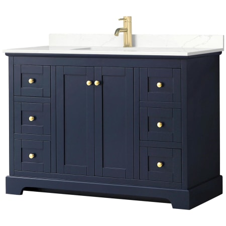 A large image of the Wyndham Collection WCV232348S-QTZ-UNSMXX Dark Blue / Giotto Quartz Top / Brushed Gold Hardware