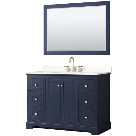 A large image of the Wyndham Collection WCV232348S-QTZ-US3M46 Dark Blue / Giotto Quartz Top / Brushed Gold Hardware