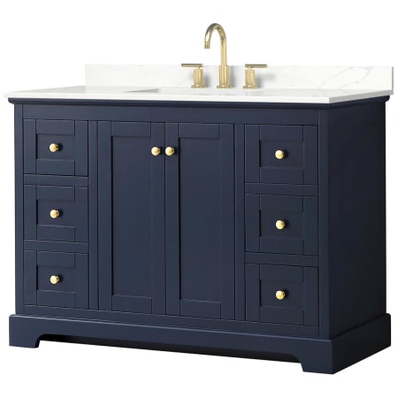 A large image of the Wyndham Collection WCV232348S-QTZ-US3MXX Dark Blue / Giotto Quartz Top / Brushed Gold Hardware