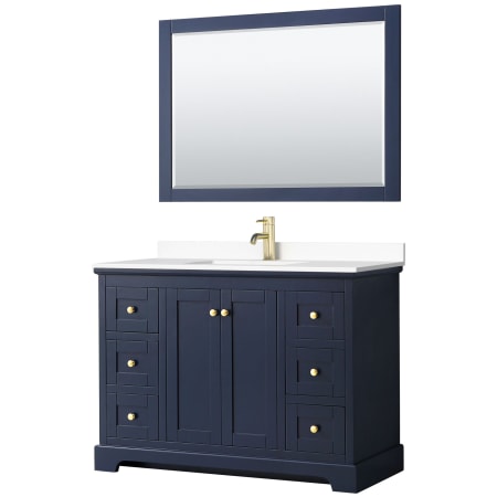 A large image of the Wyndham Collection WCV232348S-VCA-M46 Dark Blue / White Cultured Marble Top / Brushed Gold Hardware