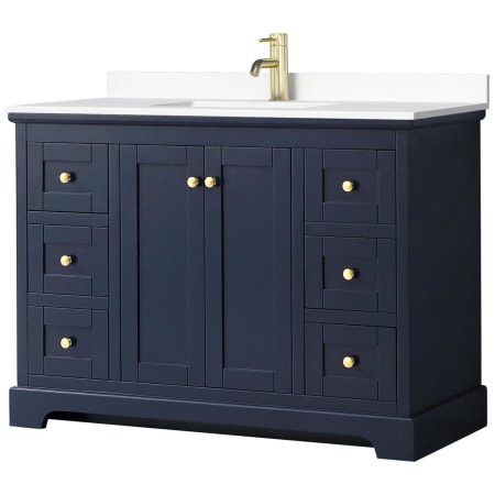 A large image of the Wyndham Collection WCV232348S-VCA-MXX Dark Blue / White Cultured Marble Top / Brushed Gold Hardware