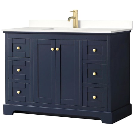 A large image of the Wyndham Collection WCV232348S-QTZ-UNSMXX Dark Blue / White Quartz Top / Brushed Gold Hardware