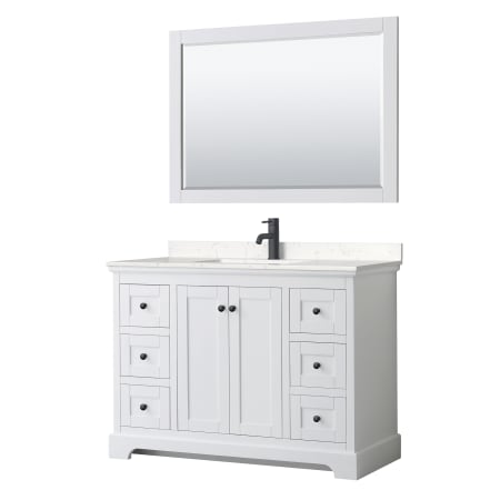 A large image of the Wyndham Collection WCV232348S-VCA-M46 White / Carrara Cultured Marble Top / Matte Black Hardware