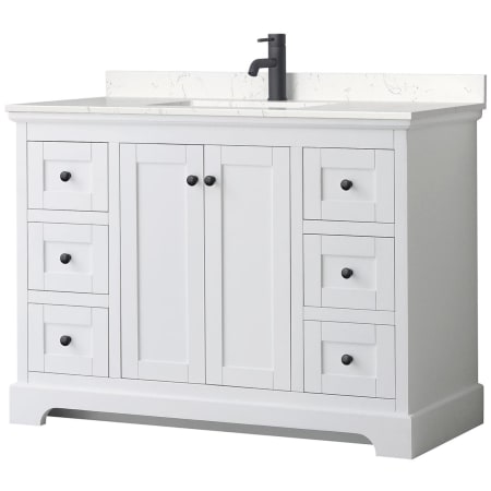 A large image of the Wyndham Collection WCV232348S-VCA-MXX White / Carrara Cultured Marble Top / Matte Black Hardware