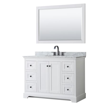 A large image of the Wyndham Collection WCV232348SCMUNOM46 White / White Carrara Marble Top / Matte Black Hardware