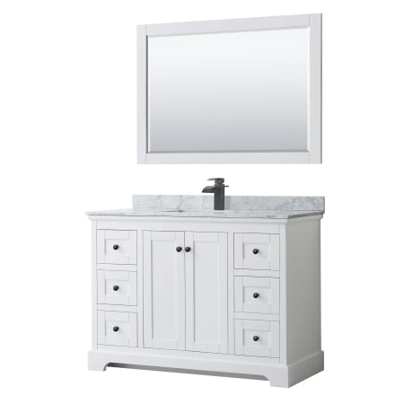 A large image of the Wyndham Collection WCV232348SCMUNSM46 White / White Carrara Marble Top / Matte Black Hardware