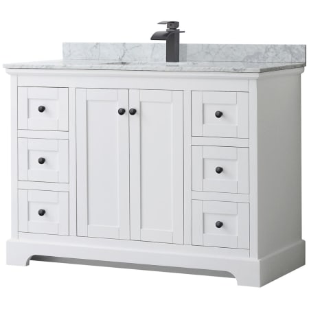 A large image of the Wyndham Collection WCV232348SCMUNSMXX White / White Carrara Marble Top / Matte Black Hardware