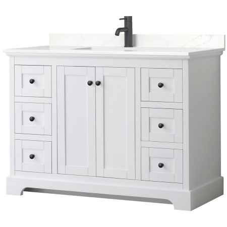 A large image of the Wyndham Collection WCV232348S-QTZ-UNSMXX White / Giotto Quartz Top / Matte Black Hardware