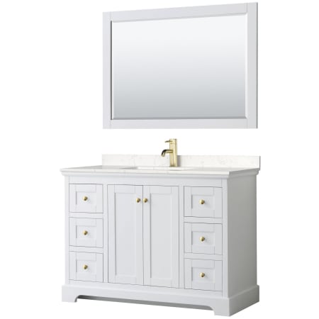 A large image of the Wyndham Collection WCV232348S-VCA-M46 White / Carrara Cultured Marble Top / Brushed Gold Hardware