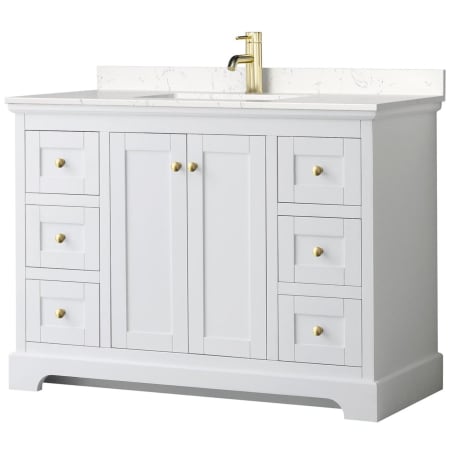 A large image of the Wyndham Collection WCV232348S-VCA-MXX White / Carrara Cultured Marble Top / Brushed Gold Hardware