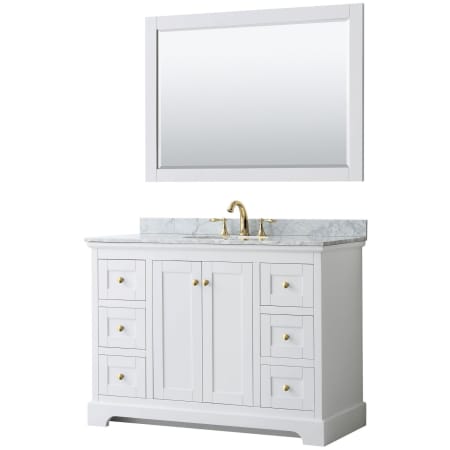 A large image of the Wyndham Collection WCV232348SCMUNOM46 White / White Carrara Marble Top / Brushed Gold Hardware