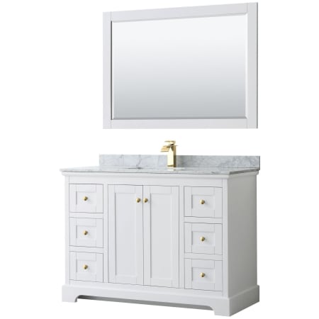 A large image of the Wyndham Collection WCV232348SCMUNSM46 White / White Carrara Marble Top / Brushed Gold Hardware
