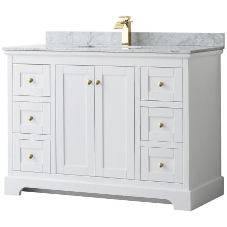 A large image of the Wyndham Collection WCV232348SCMUNSMXX White / White Carrara Marble Top / Brushed Gold Hardware